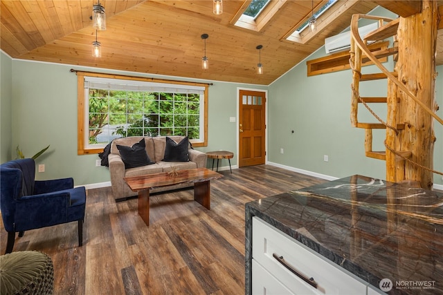 living room with vaulted ceiling with skylight, wood ceiling, dark wood finished floors, and baseboards