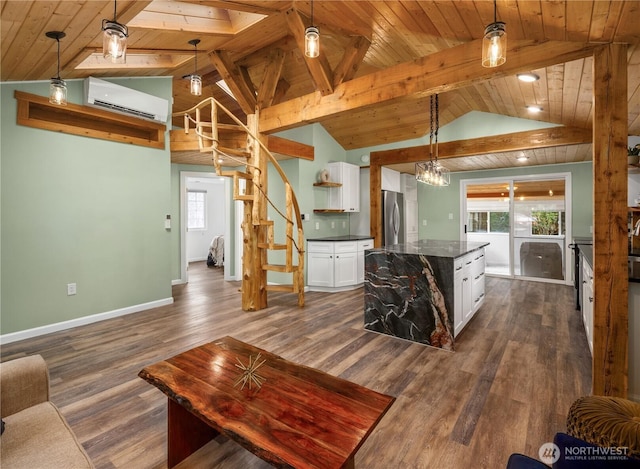 living room with wooden ceiling, baseboards, a wall mounted AC, lofted ceiling with skylight, and dark wood finished floors