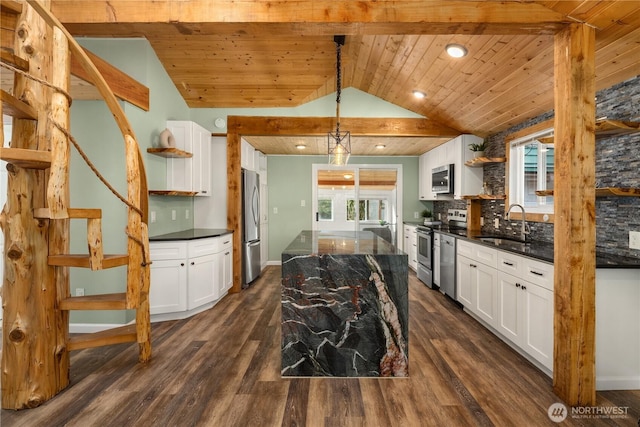 kitchen featuring open shelves, backsplash, appliances with stainless steel finishes, wood ceiling, and vaulted ceiling