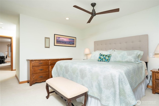 bedroom with a ceiling fan, recessed lighting, light colored carpet, and baseboards