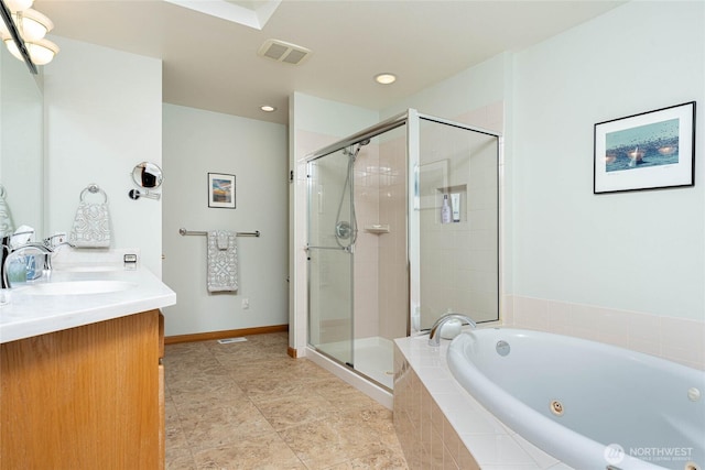 bathroom featuring a stall shower, baseboards, visible vents, a whirlpool tub, and vanity