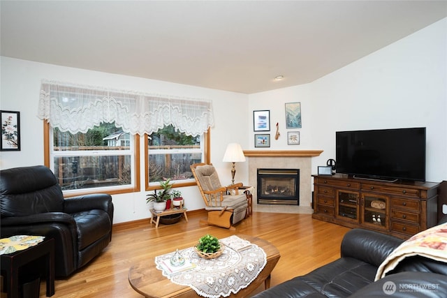 living area with a fireplace and wood finished floors