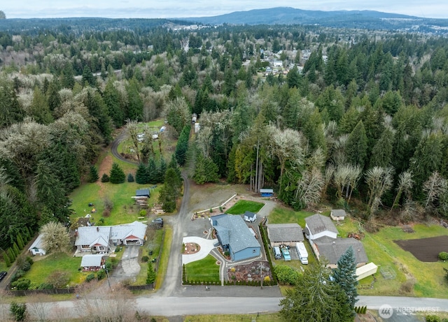 bird's eye view featuring a forest view and a mountain view