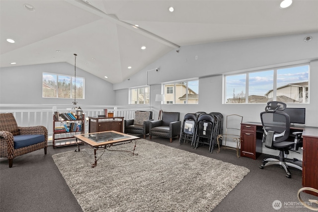 living area featuring lofted ceiling with beams and recessed lighting