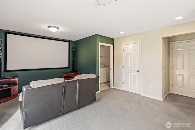 home theater with recessed lighting, baseboards, carpet floors, and washer / dryer