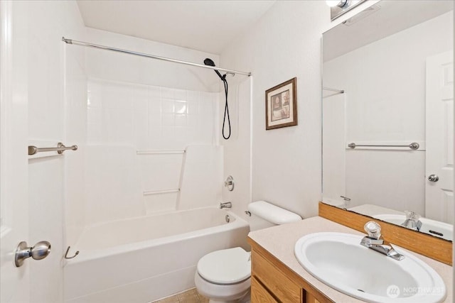 bathroom with toilet,  shower combination, and vanity