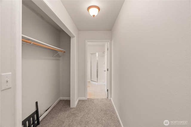 hall with baseboards and carpet floors