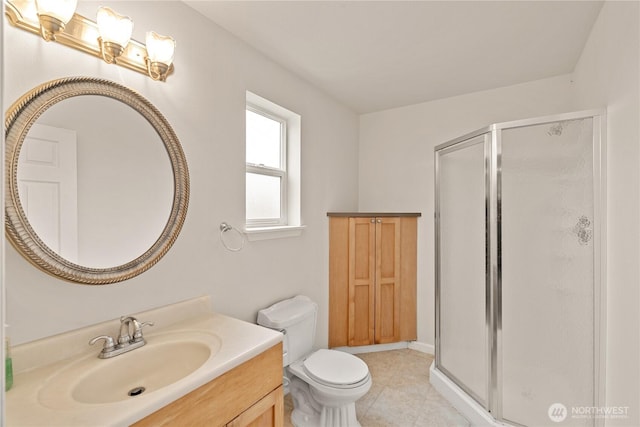 full bath with vanity, toilet, and a stall shower