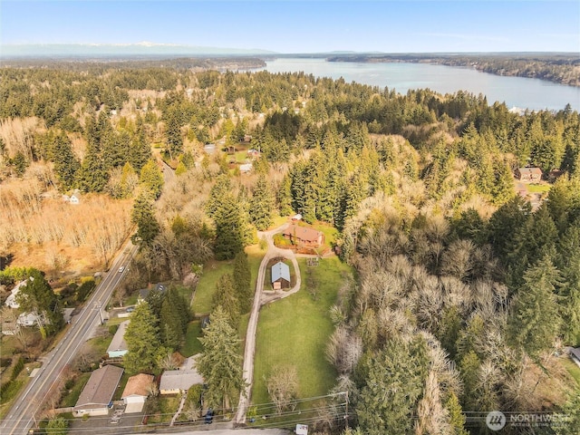 drone / aerial view featuring a water view and a wooded view