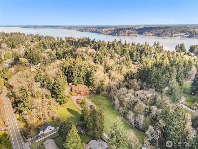 birds eye view of property featuring a view of trees and a water view