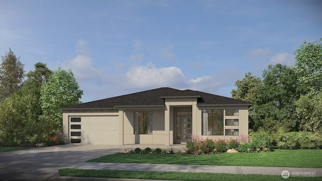 view of front of house with an attached garage, a shingled roof, concrete driveway, stucco siding, and a front yard