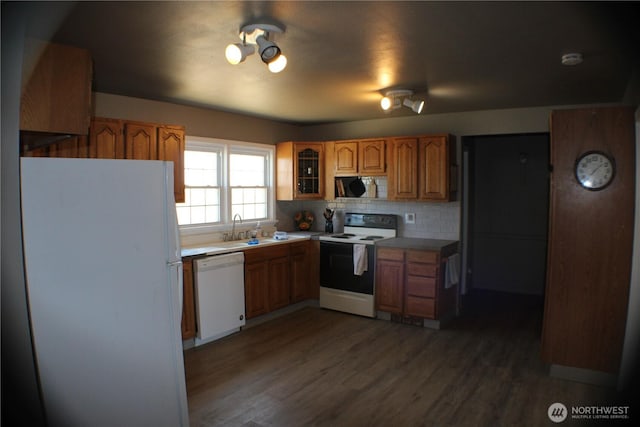 kitchen featuring brown cabinetry, white appliances, wood finished floors, and a sink