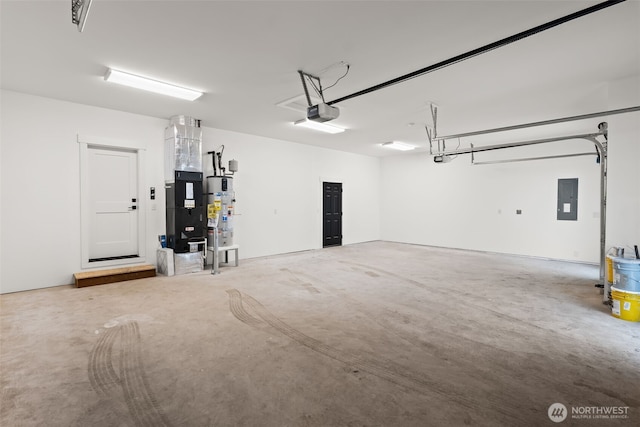 garage featuring electric panel, water heater, and a garage door opener