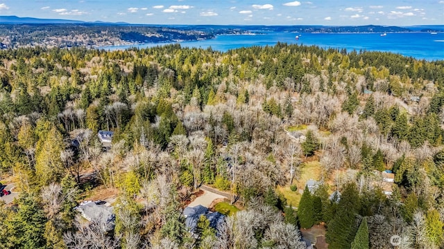 bird's eye view featuring a wooded view and a water view