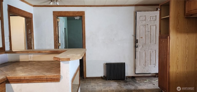 interior space featuring ornamental molding, tile countertops, and radiator heating unit