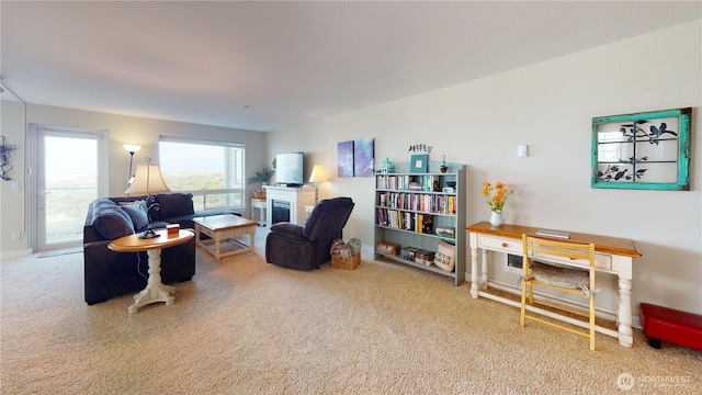 living area featuring carpet and a fireplace