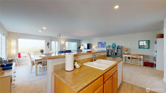 kitchen featuring white dishwasher, a sink, light colored carpet, open floor plan, and a wealth of natural light