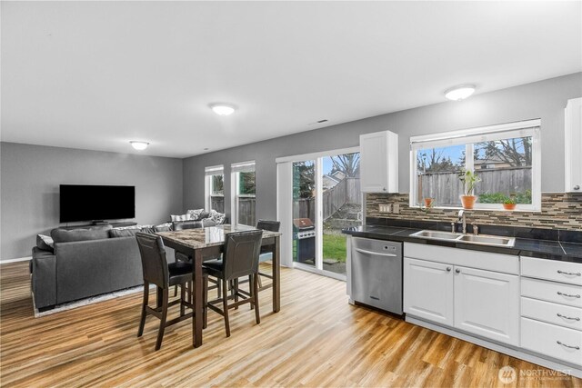 kitchen with light wood-style flooring, a sink, white cabinetry, stainless steel dishwasher, and tasteful backsplash