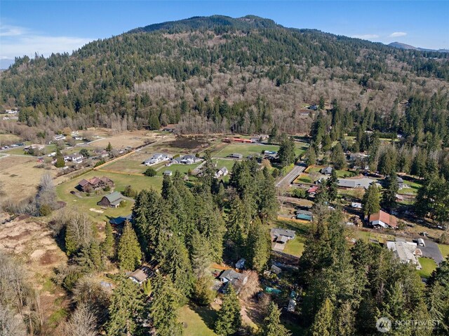 drone / aerial view featuring a mountain view and a view of trees