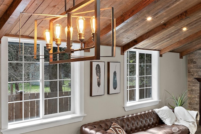 details featuring wood ceiling and beam ceiling