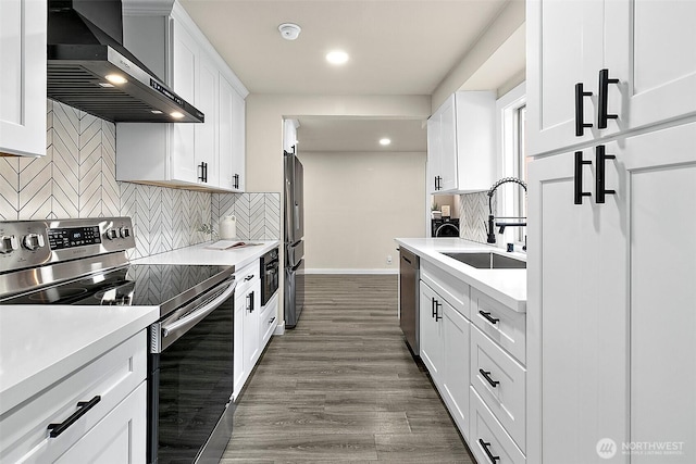 kitchen featuring wall chimney exhaust hood, stainless steel appliances, a sink, and light countertops