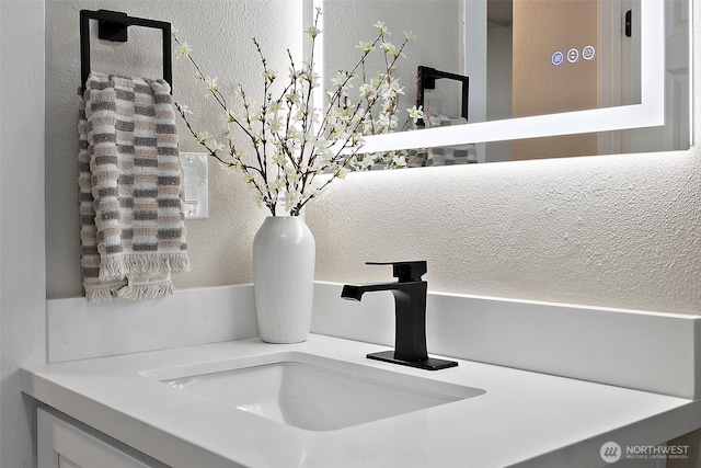 interior details with a textured wall and a sink