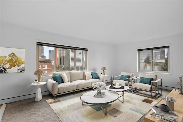 living room featuring a baseboard heating unit