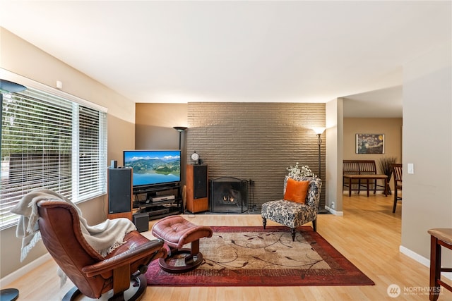 living area featuring baseboards, wood finished floors, and a fireplace