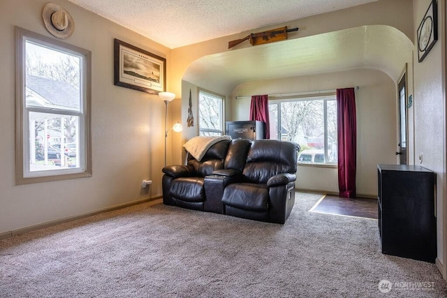 carpeted living room featuring a textured ceiling, arched walkways, and baseboards