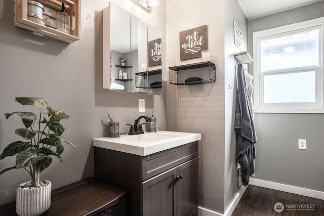 bathroom with vanity, baseboards, and wood finished floors