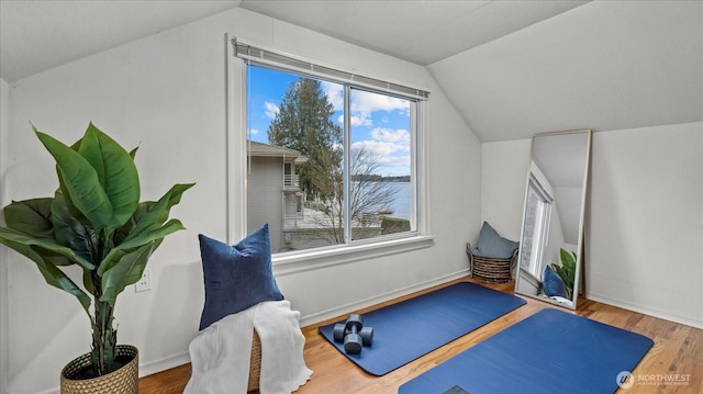 workout room with vaulted ceiling and wood finished floors