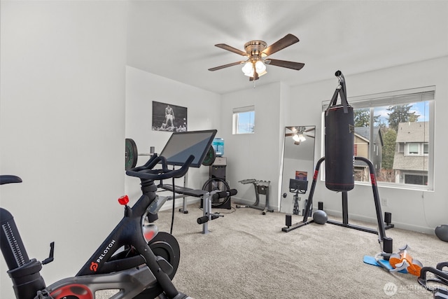 workout room featuring a wealth of natural light, carpet flooring, and baseboards