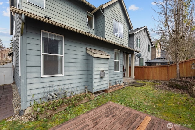 rear view of house with crawl space, entry steps, and fence