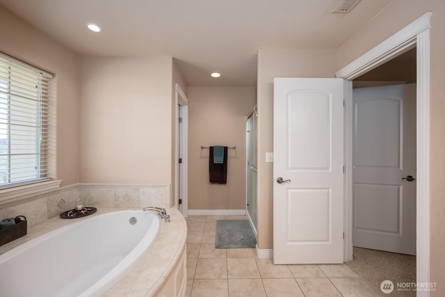 full bathroom with visible vents, recessed lighting, tile patterned flooring, a shower stall, and a bath