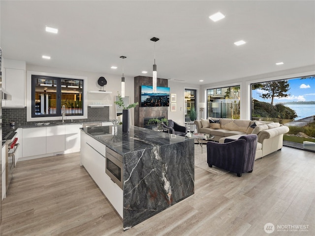 6413 Lake Washington Blvd NE, Kirkland, WA 98033 - kitchen featuring modern cabinets, a fireplace, appliances with stainless steel finishes, decorative backsplash, and white cabinetry