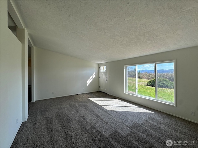 unfurnished room with a textured ceiling, carpet, and baseboards