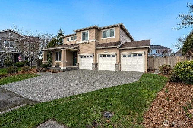 view of front of house with driveway, a front lawn, a garage, and fence