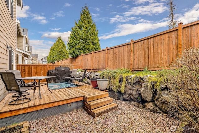 wooden deck with grilling area and a fenced backyard