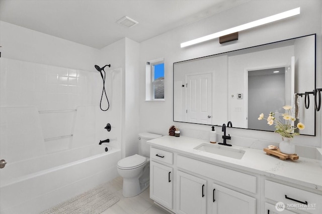 bathroom with vanity, toilet, visible vents, and shower / washtub combination