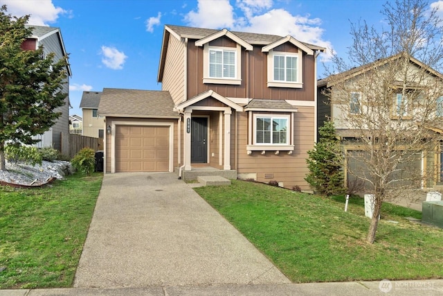 traditional-style house featuring board and batten siding, a front yard, a garage, crawl space, and driveway