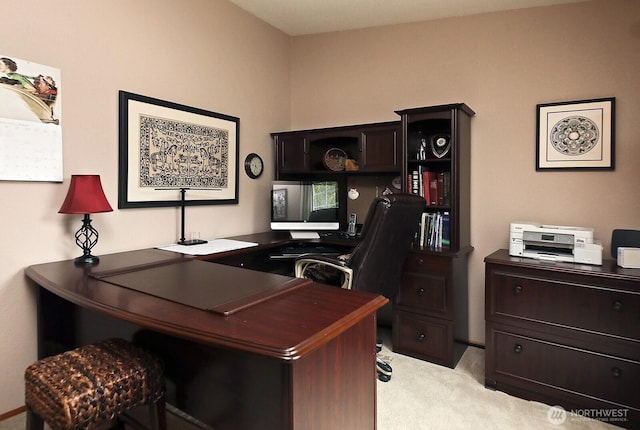 home office featuring light carpet