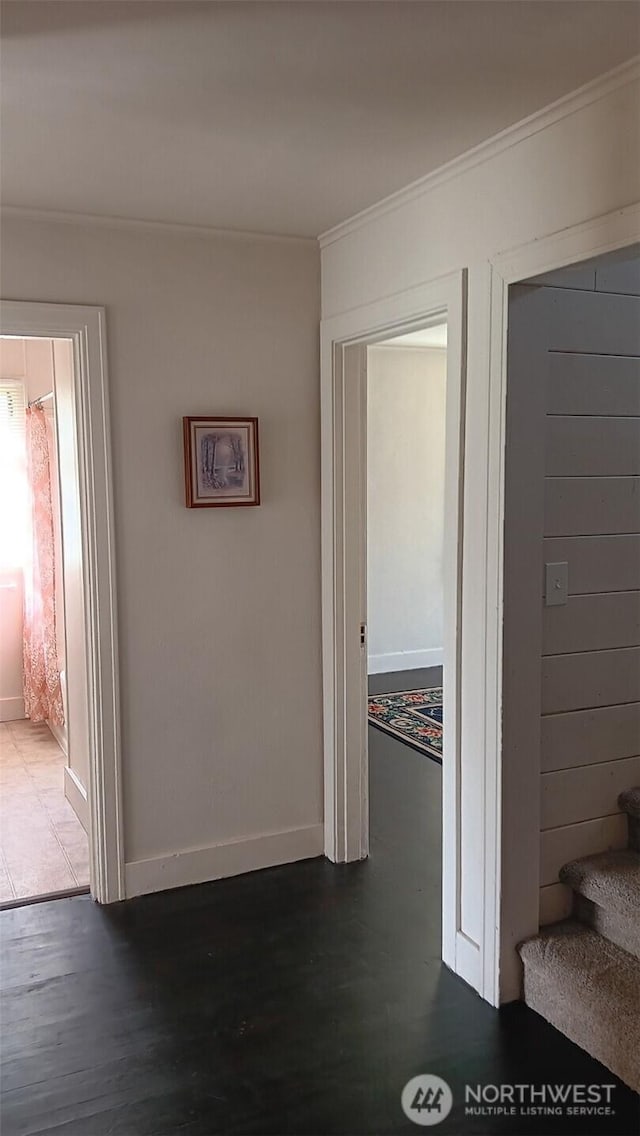 hallway with crown molding, baseboards, and wood finished floors