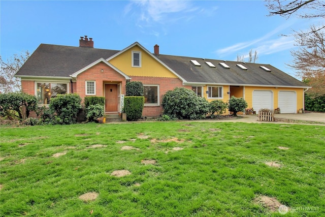 view of front of house featuring brick siding, a front lawn, concrete driveway, a chimney, and an attached garage