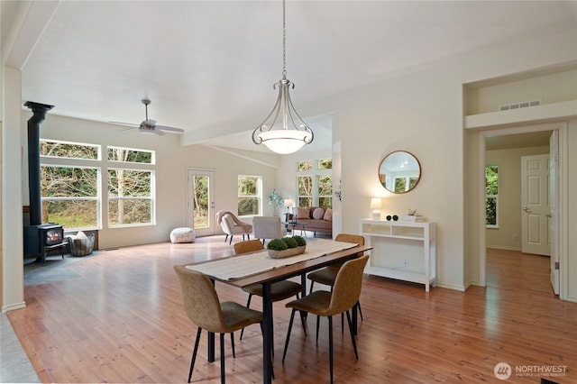 dining space featuring visible vents, baseboards, ceiling fan, a wood stove, and wood finished floors