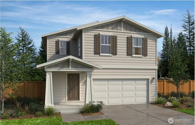 traditional-style home with board and batten siding, fence, driveway, and an attached garage