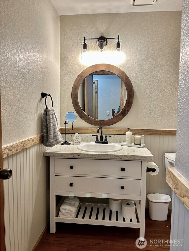 bathroom featuring a wainscoted wall, wood finished floors, vanity, and a textured wall