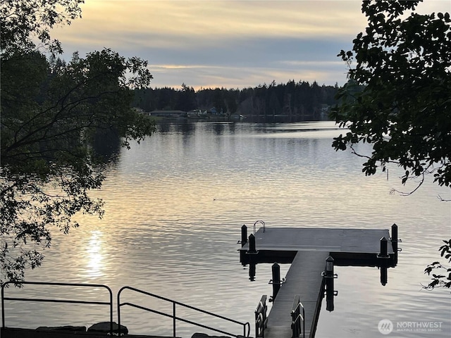 dock area with a water view and a wooded view