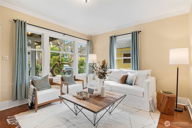 living room with wood finished floors, baseboards, and ornamental molding