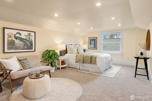 bedroom featuring recessed lighting, baseboards, carpet floors, and vaulted ceiling