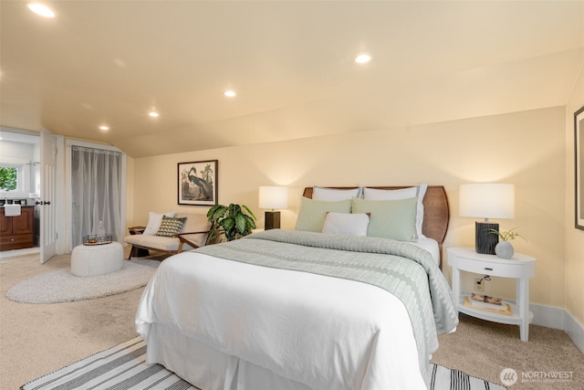 bedroom with recessed lighting, lofted ceiling, and light colored carpet